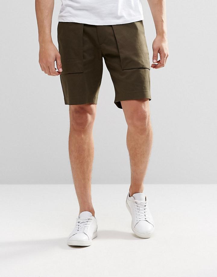 Asos Long Length Tailored Shorts With Pockets In Khaki - Green