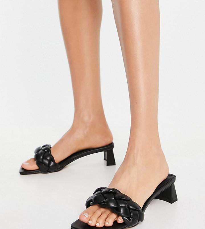 Asos Design Wide Fit Hosta Weave Mid Heeled Mules In Black