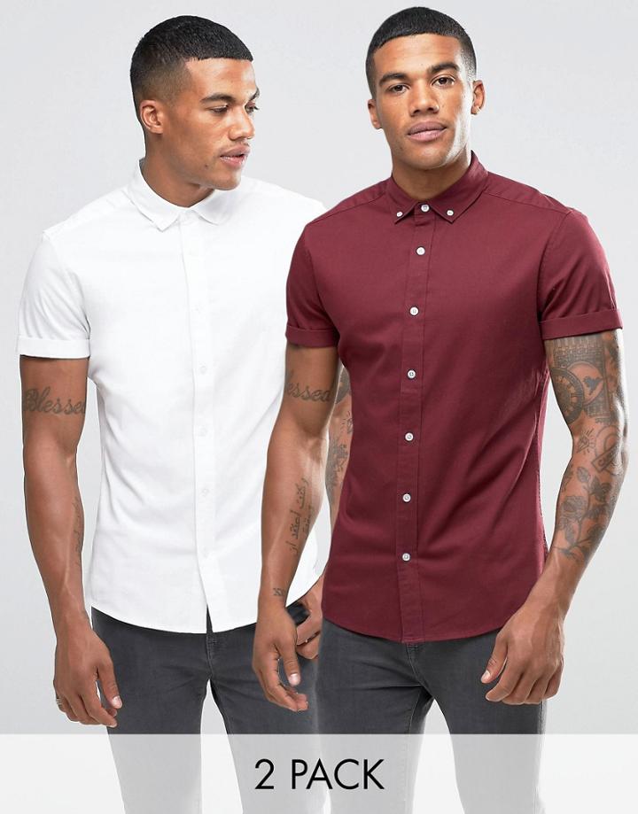 Asos Skinny Twill Shirt 2 Pack In White And Burgundy - Multi