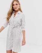 Liquorish Tie Front Shirt Dress In Blue Stripe - Cream