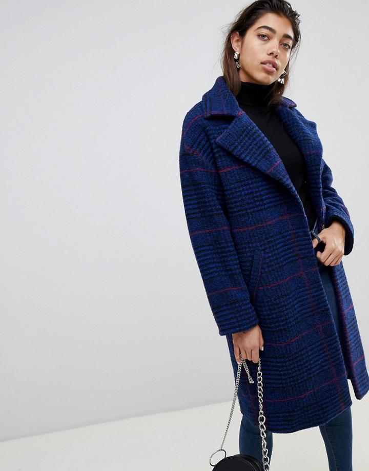 Mango Longline Check Coat - Navy