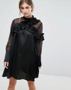 Lost Ink Long Sleeve Shift Dress With Sheer Mesh Panel And Ruffle Trims - Black