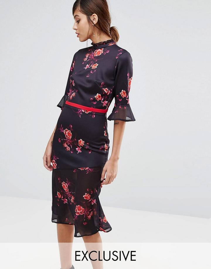 True Violet High Neck Midi Tea Dress With Asymmetric Frill Hem - Multi