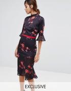 True Violet High Neck Midi Tea Dress With Asymmetric Frill Hem - Multi