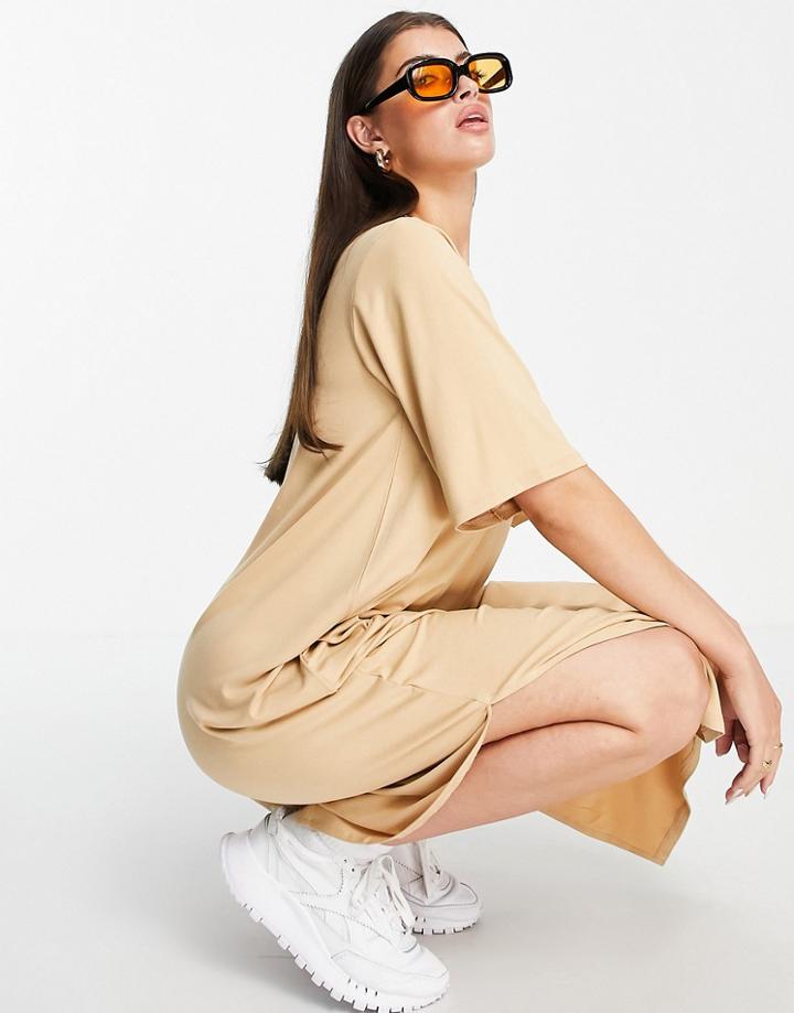Aligne Midi T-shirt Dress With Pocket Detail In Camel-neutral