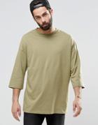 Asos Oversized 3/4 Sleeve T-shirt In Khaki - Khaki