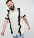 Asos Design Plus Relaxed Longline T-shirt With Geo-tribal Taping And Tassels In Ecru - White