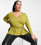 Club L London Plus Ribbed Plunge Neck Top Set In Green