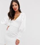 Asos Design Tall Button Through Mini Dress With Statement Sleeve - White