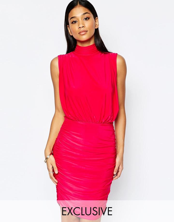 Club L High Neck Ruched Detail Mini Dress - Super Hot Pink