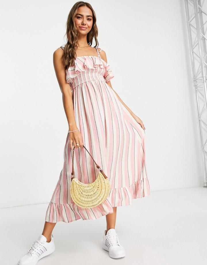 Miss Selfridge Frill Detail Strappy Midi Dress In Candy Stripe-white