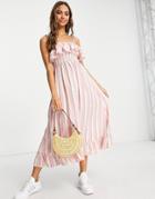 Miss Selfridge Frill Detail Strappy Midi Dress In Candy Stripe-white