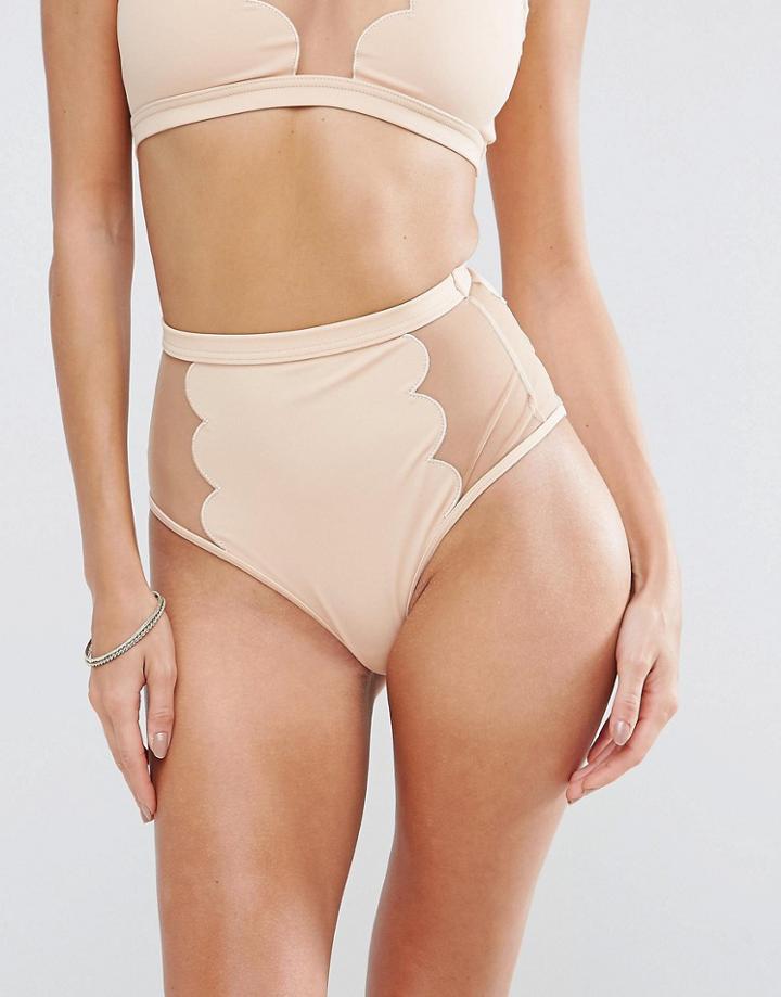 Asos Scallop Mesh Insert High Leg High Waist Bikini Bottom - Pink