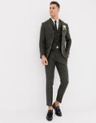 Asos Design Slim Suit Pants In 100% Wool Harris Tweed Khaki Micro Check - Green