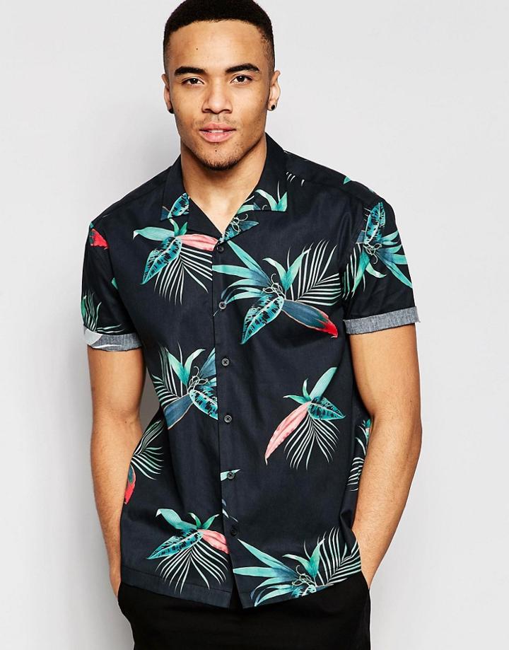 Asos Navy Shirt With Leaf Print And Revere Collar In Regular Fit - Navy