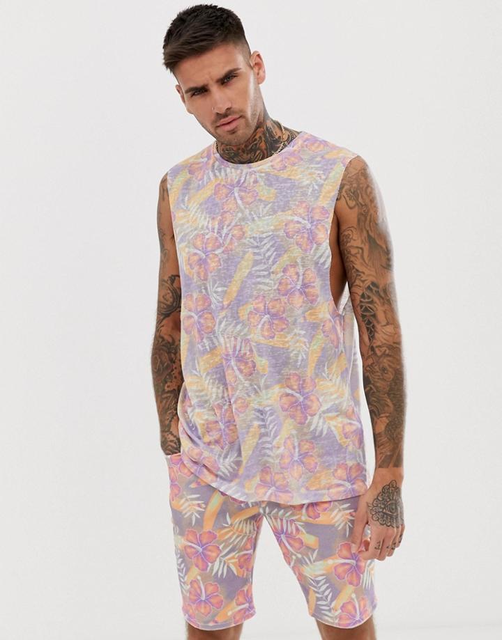 Asos Design Two-piece All Over Floral Print Tank With Dropped Armhole In Linen Look - Multi