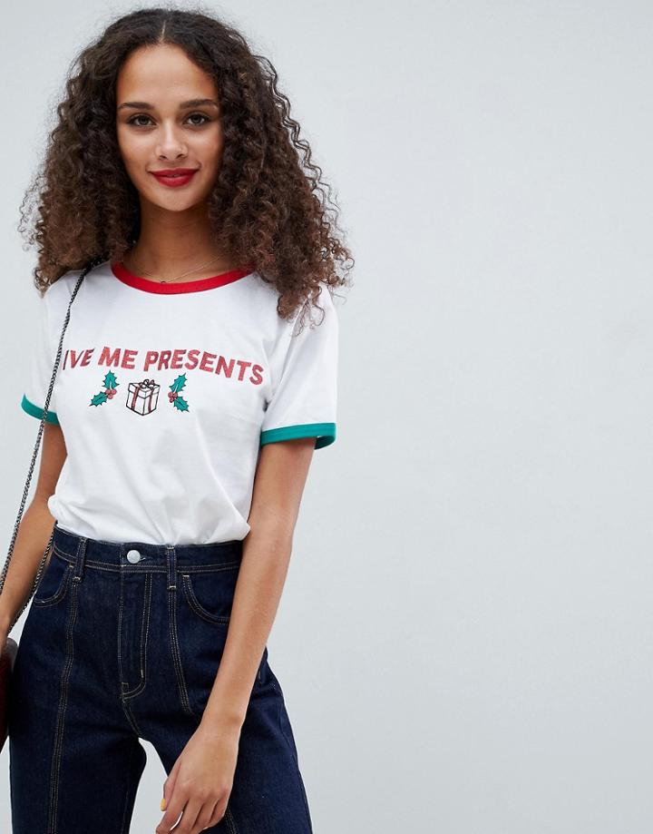 Asos Design Christmas T-shirt With Glitter Print And Contrast Binding - White