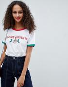 Asos Design Christmas T-shirt With Glitter Print And Contrast Binding - White