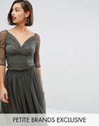 John Zack Petite Bardot Long Sleeve Wrap Crop Top - Green