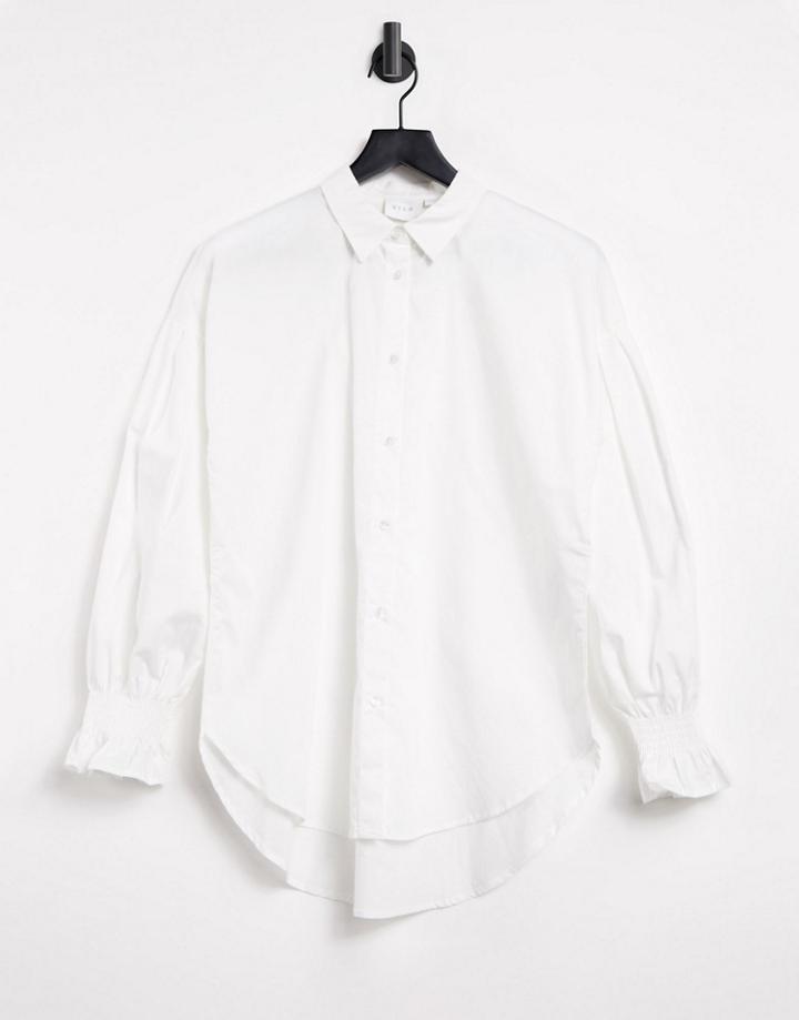 Vila Cotton Shirt With Cuff Detail In White-blues