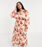 Glamorous Curve High Neck Midi Tea Dress In Rose Floral-white