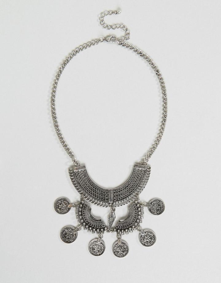 Nylon Statement Coin Tassel Necklace - Silver