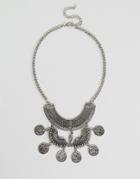 Nylon Statement Coin Tassel Necklace - Silver