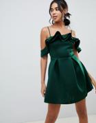 Asos Design Strappy Ruffle Scuba Prom Mini Dress-green