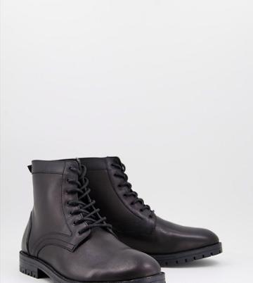 Silver Street Wide Fit Chunky Sole Lace Up Boots In Black Leather