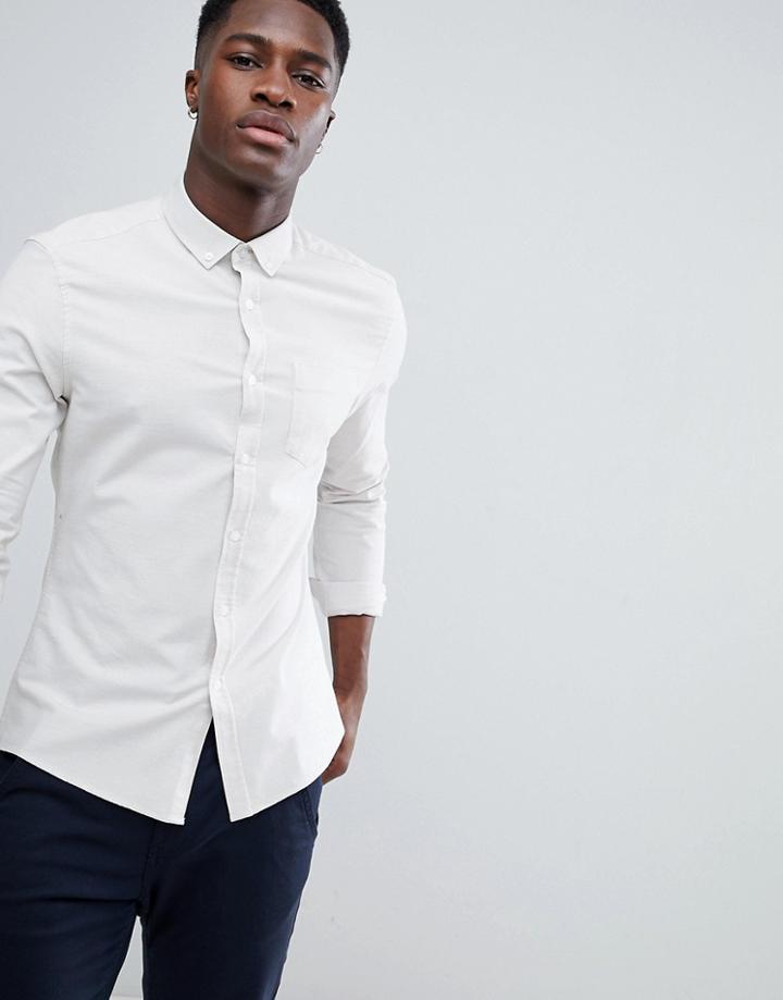Asos Design Casual Stretch Slim Oxford Shirt In Stone - Cream