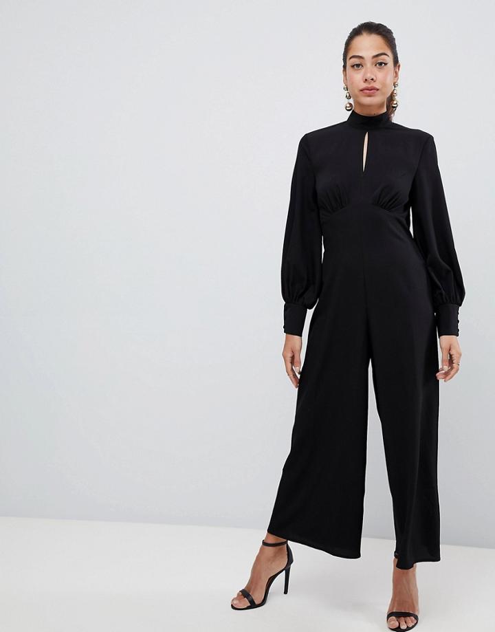 Asos Design Jumpsuit With High Neck And Blouson Sleeve With Keyhole - Black