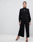 Asos Design Jumpsuit With High Neck And Blouson Sleeve With Keyhole - Black