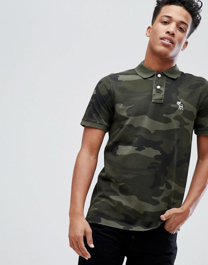Abercrombie & Fitch Core Slim Fit Polo With Moose Icon In Green Camo - Green