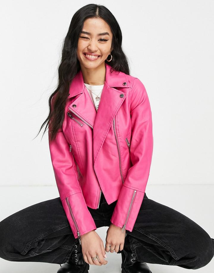 Miss Selfridge Faux Leather Zip Front Biker Jacket In Fuschia-pink