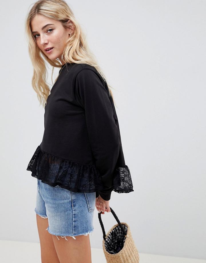 Asos Design Sweat With Lace Hem - Black