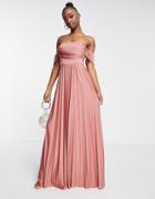 Asos Design Off Shoulder Drape Neck Pleated Maxi Dress In Rose-pink
