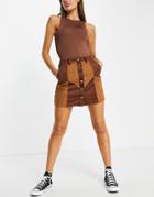 Miss Selfridge Patchwork Button Through Suedette Skirt In Chocolate-brown