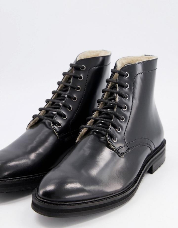 Asos Design Lace Up Boots In Black Patent Leather With Sherpa Lining
