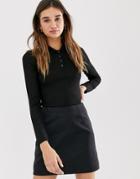 Monki Ribbed Fitted Polo Top In Black