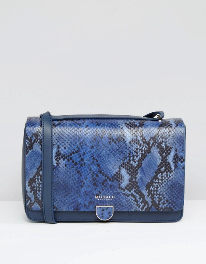 Modalu Leather Shoulder Bag In Faux Snake Mix - Navy