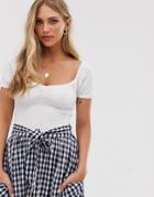 Stradivarius Ruch Front Shirred Top With Puff Sleeve In White - White