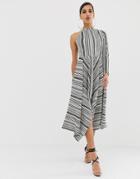 Asos Design Asymmetric One Shoulder Plisse Dress In Mono Stripe-multi