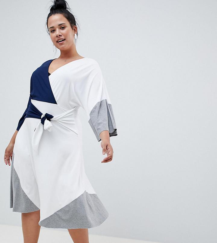 Asos Design Curve Color Block Knot Front Midi Dress - Multi