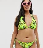 Asos Design Curve Mix And Match Halter Triangle Bikini Top In Neon Snake - Green