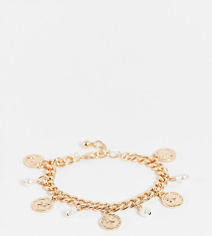 Asos Design Curve Chain Bracelet With Coin Charms And Pearl In Gold Tone