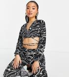 River Island Petite Marble Print Strappy Wrap Crop Top In Black - Part Of A Set