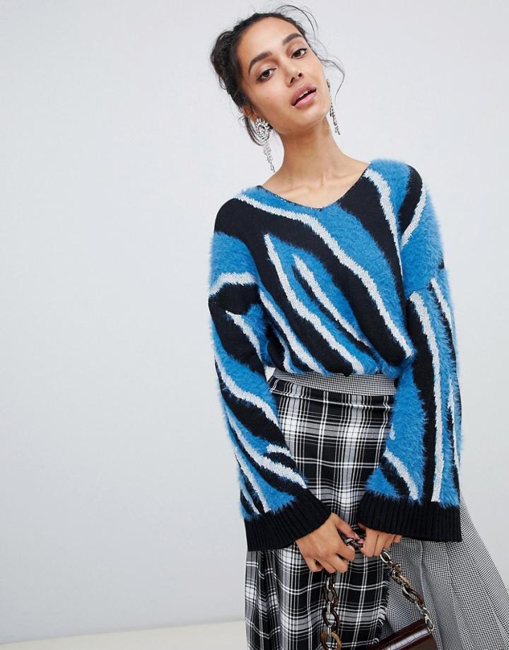 Lost Ink Tunic Sweater In Zebra Intarsia - Multi