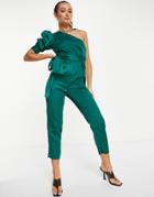 Asos Design One Shoulder Puff Sleeve Jumpsuit In Forest Green