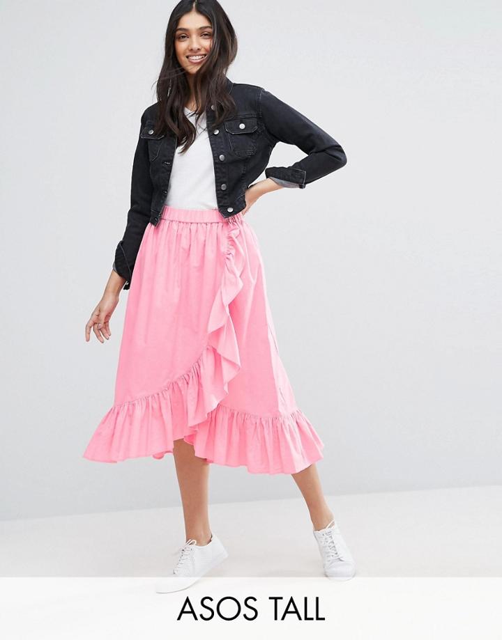 Asos Tall Wrap Midi Skirt In Cotton With Ruffle Hem - Pink