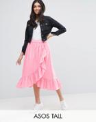 Asos Tall Wrap Midi Skirt In Cotton With Ruffle Hem - Pink